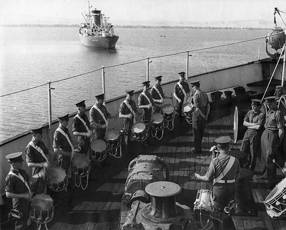 Drum practice aboard HMT Gerorgic bound for Aden 1961.