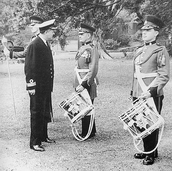 1st Bn The Queen's Royal Surrey Regiment, Drum Major B Morris, Naval Officer, Sgt Fulker, L/Cpl Warr.