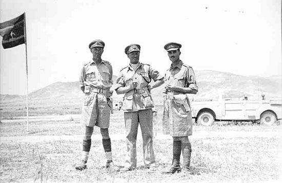 L-R Brigadier 'Bolo' Whistler, DSO, Major-General 'Robbie' Erskine, GOC 7 Armed Div, Lieutenant Colonel Desmond Gordon